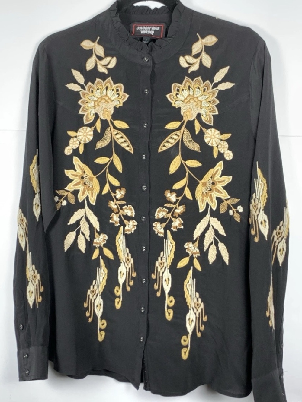 Johnny Was Workshop Silk Embroidered Boho Blouse Black Gold Button Front S - Picture 10 of 13